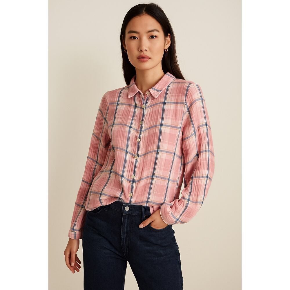 CP Shades Double Cotton Gauze Plaid Long Sleeve Button Down Shirt Pink Womens XS